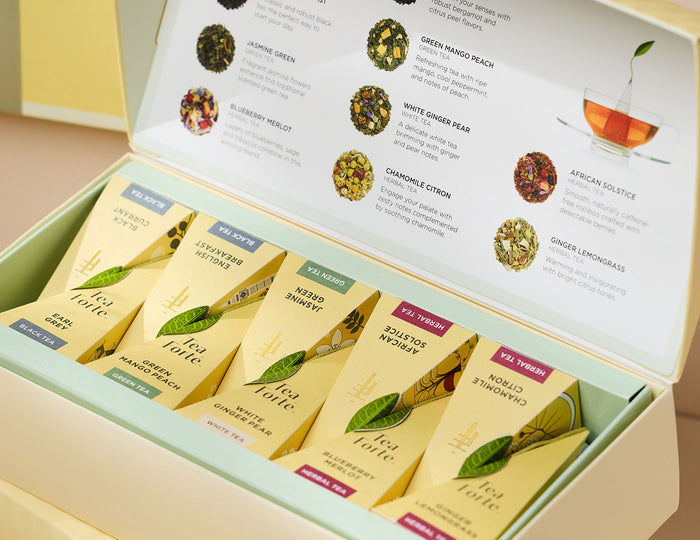 MAIN PDP | Tea Tasting tea assortment in a 10 count petite presentation box with lid open