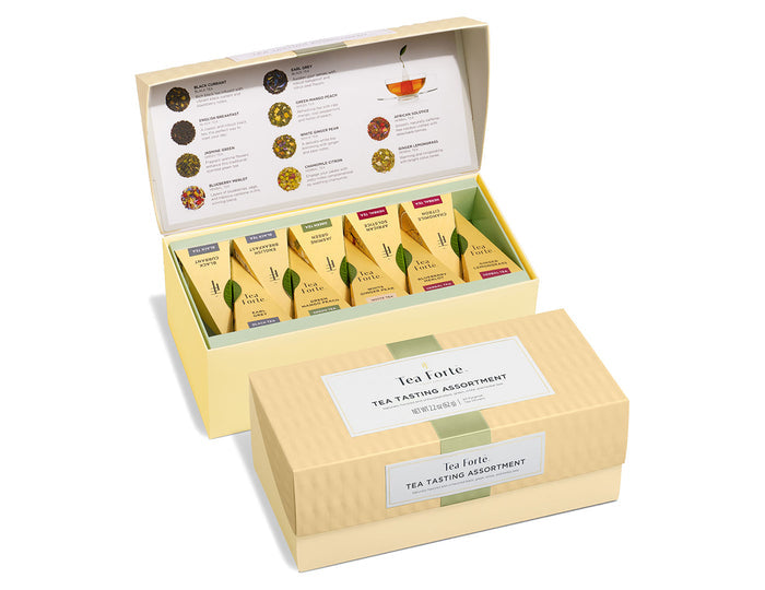 Tea Tasting Assortment in a 20 count presentation box with lid open and closed