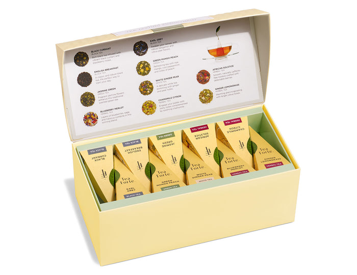 Tea Tasting Assortment in a 20 count presentation box with lid open