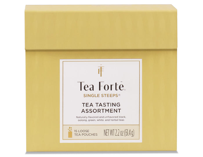 Tea Tasting Assortment Single Steeps Sampler box of 15 Single Steeps pouches - front of box closed