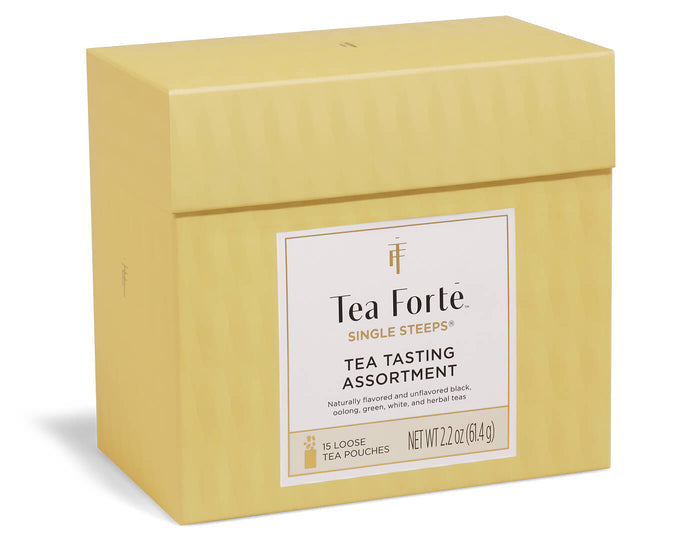 Tea Tasting Assortment Single Steeps Sampler box of 15 Single Steeps pouches - front of box side view