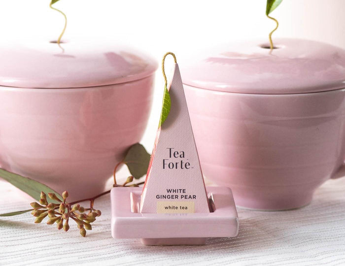 MAIN PDP | Rose Pink Tea Tray with wrapped infuser on top, Rose Pink Café Cups in the background