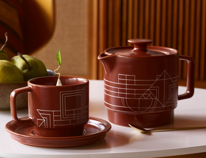 MAIN PDP | Terra Teacup, Saucer and Teapot together on a table