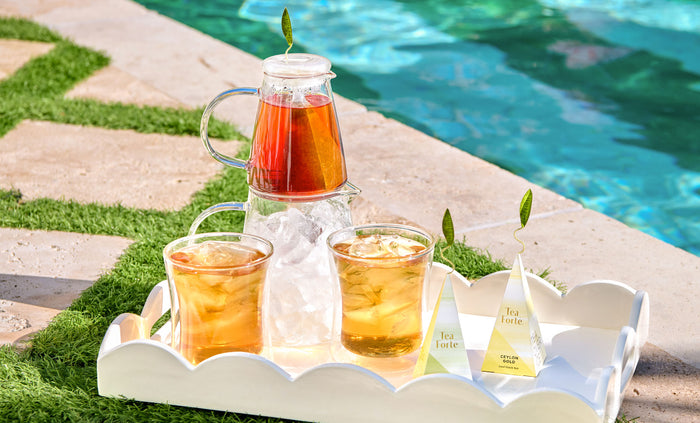 Tea Over Ice Pitcher Set with 2 POOM glasses of iced tea poolside