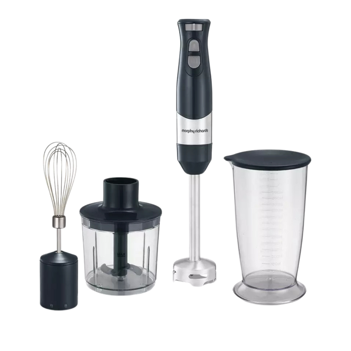 Morphy Richards hand blender with attachments on a white background