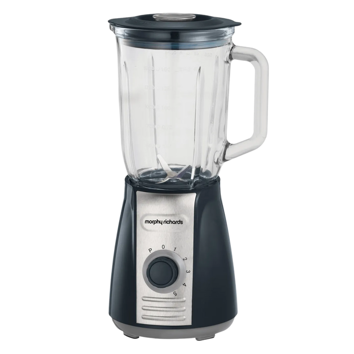 Black and silver Morphy Richards blender on a white background