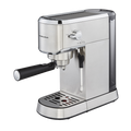 A stainless steel compact espresso coffee machine with a built-in milk frother and LED illuminated buttons, featuring a black handle and a detachable drip tray.