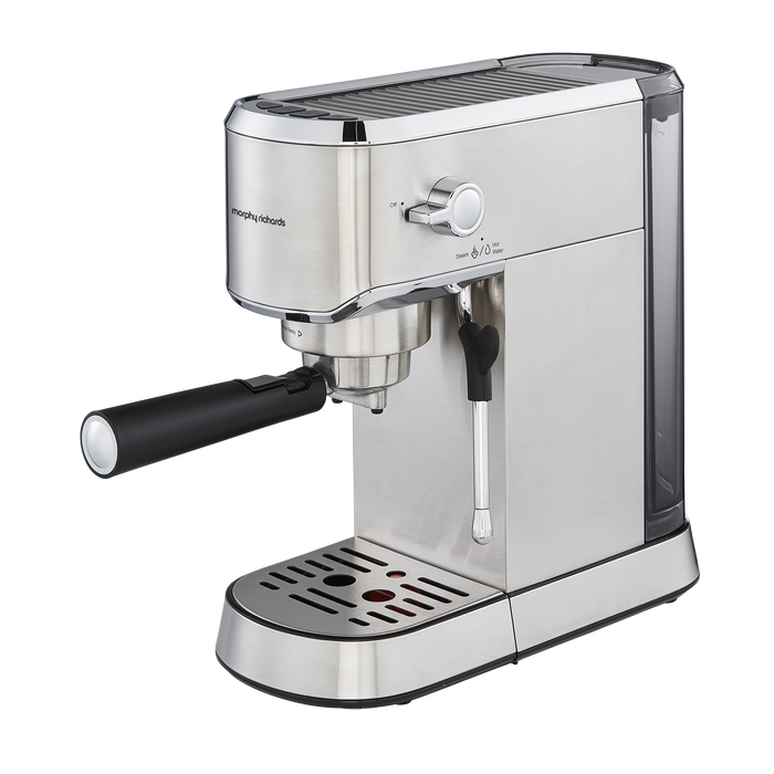 A stainless steel compact espresso coffee machine with a built-in milk frother and LED illuminated buttons, featuring a black handle and a detachable drip tray.