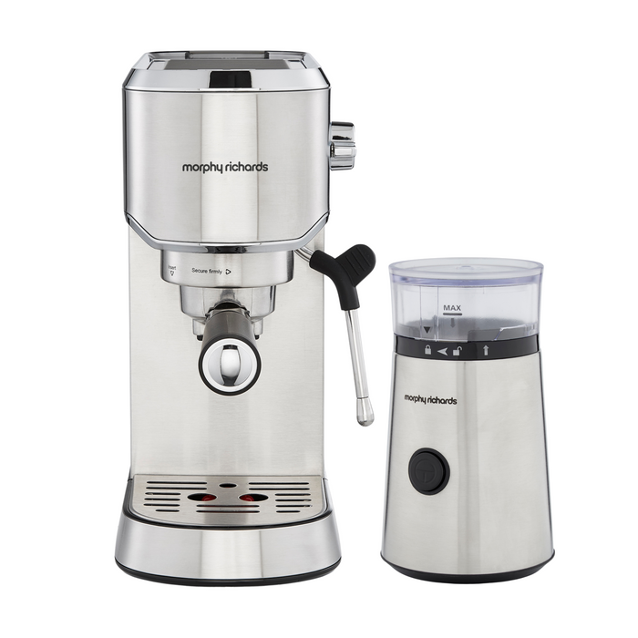 Morphy Richards Traditional Espresso Coffee Machine and Coffee Grinder Set, both in silver color, showcasing the appliance and the grinder.