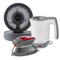 A set of three portable travel appliances including a black and white electric kettle, a grey and red portable steam iron, and a black oscillating USB fan.