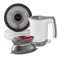 A set of travel essentials including a white portable USB fan, a travel kettle, and a travel iron, isolated on a white background.