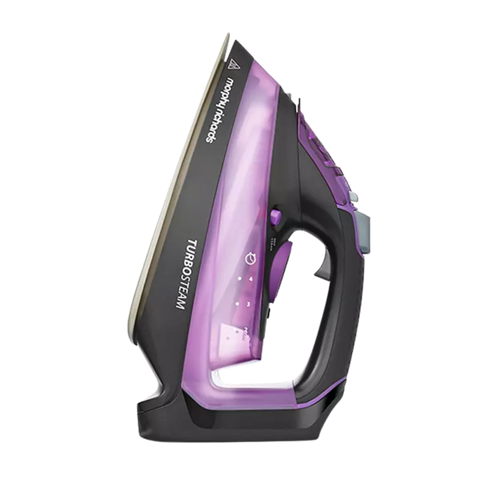 Purple and black steam iron on a white background