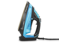 A Morphy Richards Turbosteam 3100W Pro Digital Intellitemp Iron with blue and black colors featuring digital controls and a ceramic soleplate.
