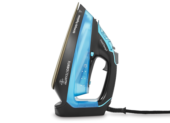 A Morphy Richards Turbosteam 3100W Pro Digital Intellitemp Iron with blue and black colors featuring digital controls and a ceramic soleplate.