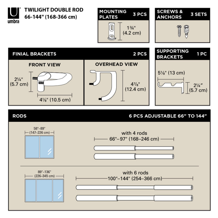 Double Curtain Rods | color: Matte-Black | size: 66-144" (168-365 cm) | diameter: 3/4" (1.9 cm)