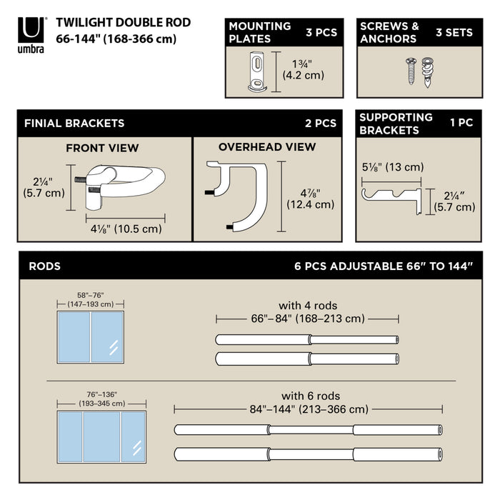 66-144" (168-365 cm) / Matte-Nickel / 3/4" (1.9 cm)