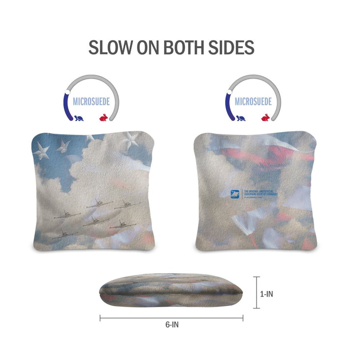 Front and back view of USA Jets Lock Shot Cornhole Bags showing dual-sided slow-speed microsuede construction for more bag control.