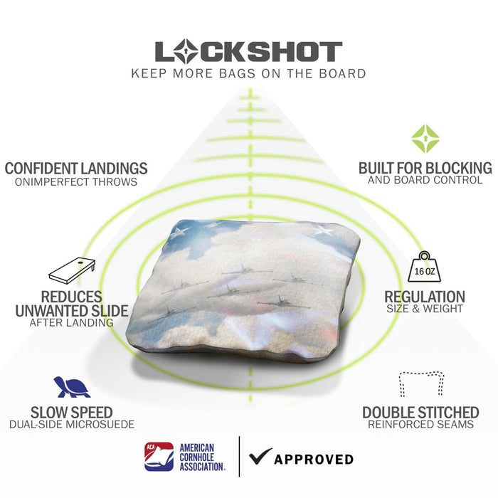 USA Jets Lock Shot Cornhole Bags feature graphic highlighting forgiving landings, board control, dual-sided slow-speed fabric, and ACA regulation approval.