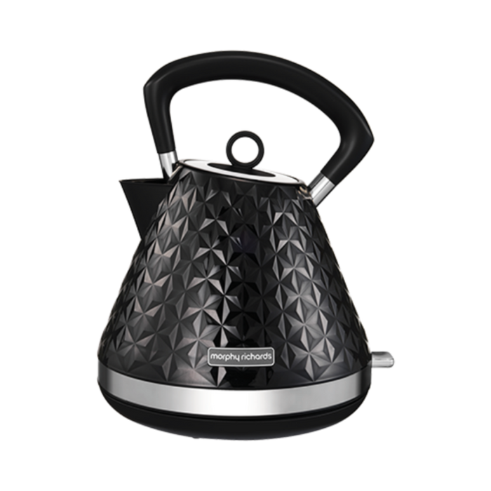 A black Vector Pyramid style electric kettle with a 3D patterned finish and a silver handle and spout cap.