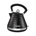 A black Vector Pyramid style electric kettle with a 3D patterned finish and a silver handle and spout cap.