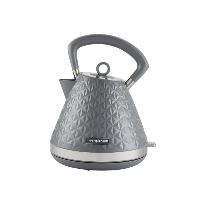 A gray Vector Pyramid style electric kettle with a 3D patterned finish and a 360° base.