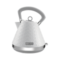 A white, pyramid-shaped electric kettle with a 3D patterned finish and a silver handle and spout cap.