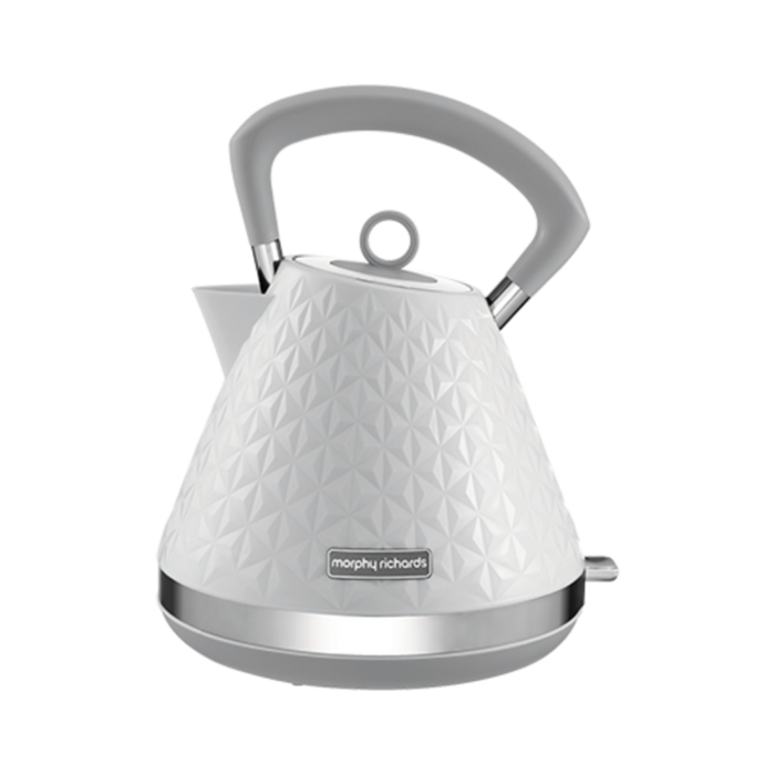 A white, pyramid-shaped electric kettle with a 3D patterned finish and a silver handle and spout cap.