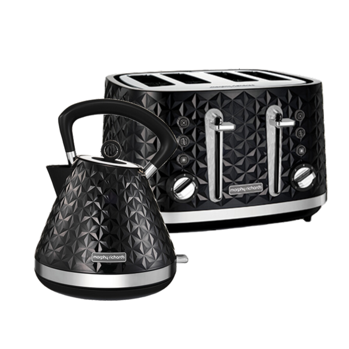 A blackVector brand electric kettle and toaster set on a white background, showcasing their sleek design with geometric patterns.