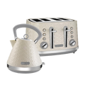 A cream-colored Vector brand kettle and toaster set with a geometric pattern and silver accents.