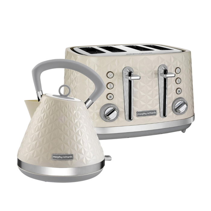A cream-colored Vector brand kettle and toaster set with a geometric pattern and silver accents.
