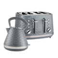 A set of gray kitchen appliances, including a 4-slice toaster and a kettle, featuring a geometric pattern.