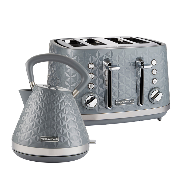 A set of gray kitchen appliances, including a 4-slice toaster and a kettle, featuring a geometric pattern.