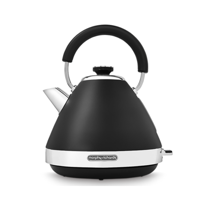 A black pyramid-shaped electric kettle with a white handle and spout cap, featuring a vintage style and a water window.