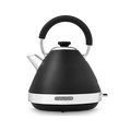 A black pyramid-shaped electric kettle with a white handle and spout cap, featuring a vintage style and a water window.