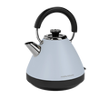 A duck egg blue pyramid-shaped electric kettle with a black handle and base, featuring a stainless steel spout and a removable limescale filter.