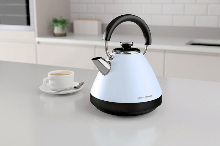 Duck egg Blue Kettle with a cup of tea