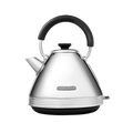 A silver Venture Retro pyramid kettle with a traditional design and a black handle.