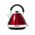 A red pyramid-shaped electric kettle with a black handle and spout cap, against a white background.