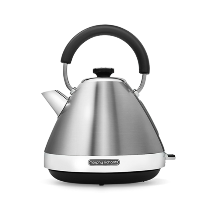 A silver Venture Pyramid Kettle with a stainless steel finish and black handle.