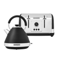 A black kettle and toaster set with a vintage finish and variable browning controls, part of the Venture brand.