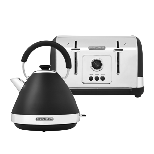 A black kettle and toaster set with a vintage finish and variable browning controls, part of the Venture brand.