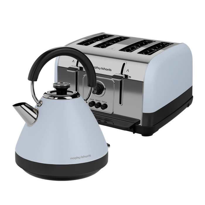 A duck egg blue pyramid kettle and silver 4-slice toaster set against a white background.
