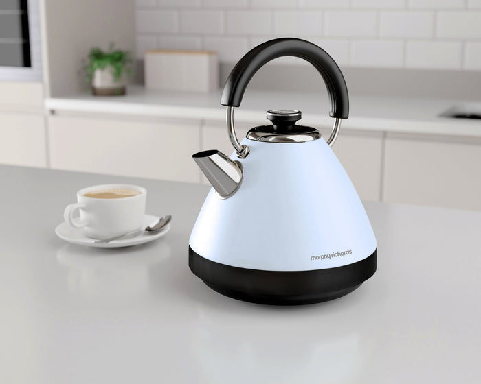 Light Blue Kettle with a cup of tea