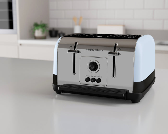 blue and silver toaster on kitchen counter