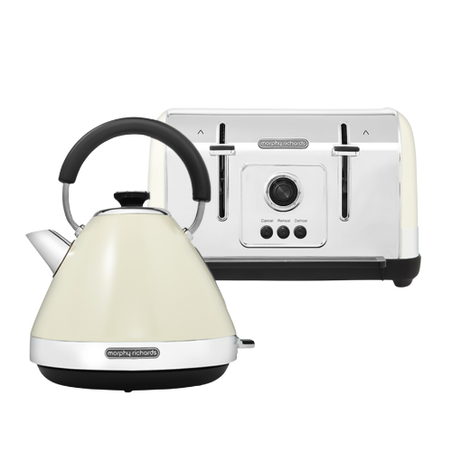 A cream-colored Venture brand kettle and toaster set with a timeless pyramid silhouette and vintage finish.