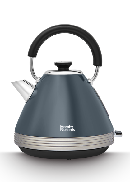 A grey Morphy Richards Venture Retro Pyramid Kettle with a black handle and accents, featuring a traditional kettle shape with a water window on the side.