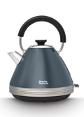 A grey Morphy Richards Venture Retro Pyramid Kettle with a black handle and accents, featuring a traditional kettle shape with a water window on the side.