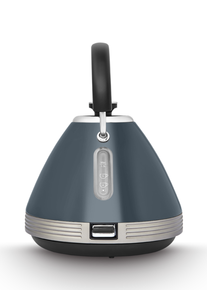 A grey Morphy Richards Venture Retro Pyramid Kettle with a black handle and a silver water window.