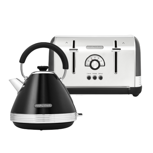 A black Venture Retro pyramid kettle and a toaster with a shiny finish, both with visible branding on the side.