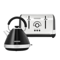 A black Venture Retro pyramid kettle and a toaster with a shiny finish, both with visible branding on the side.